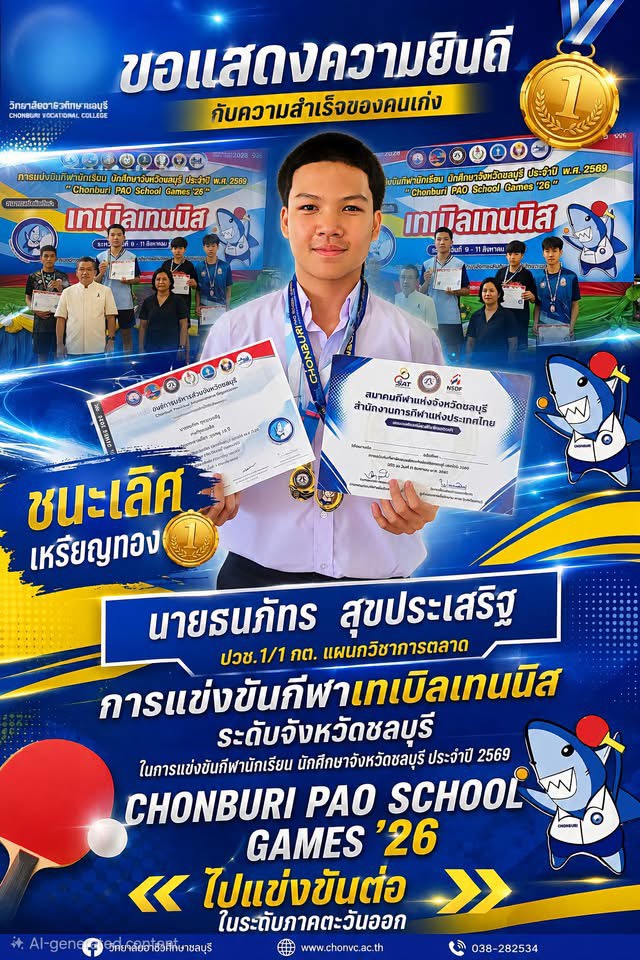 นายธนภัทร สุขประเสริฐ ปวช.1/1 กต. คว้า เหรียญทอง ชนะเลิศการแข่งขันกีฬาเทเบิลเทนนิส ระดับจังหวัดชลบุรี ในการแข่งขัน CHONBURI PAO SCHOOL GAMES ’26 และเตรียมเป็นตัวแทนไปแข่งขันต่อ ระดับภาคตะวันออก