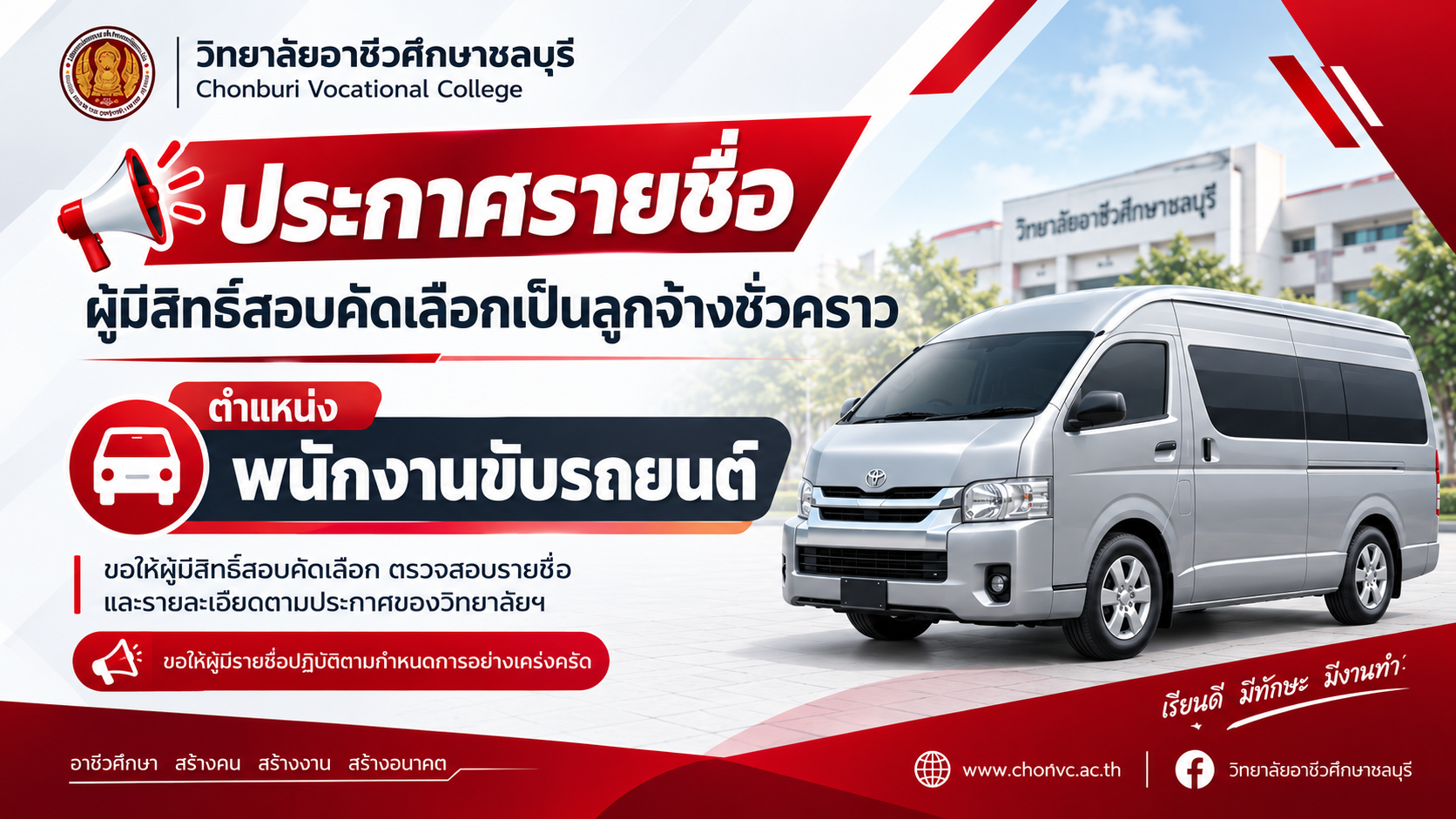 ประกาศรายชื่อผู้มีสิทธิ์สอบคัดเลือกลูกจ้างชั่วคราว  ตำแหน่ง พนักงานขับรถยนต์